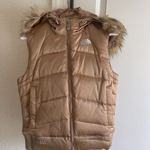 Women's North Face Gold puffer vest with fur hood